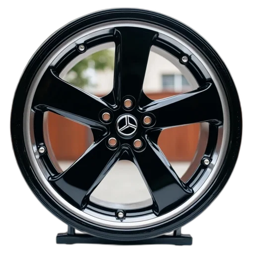 car, 3d render, close-up, black, silver, alloy, wheel, five-spoke transparent PNG cut-out