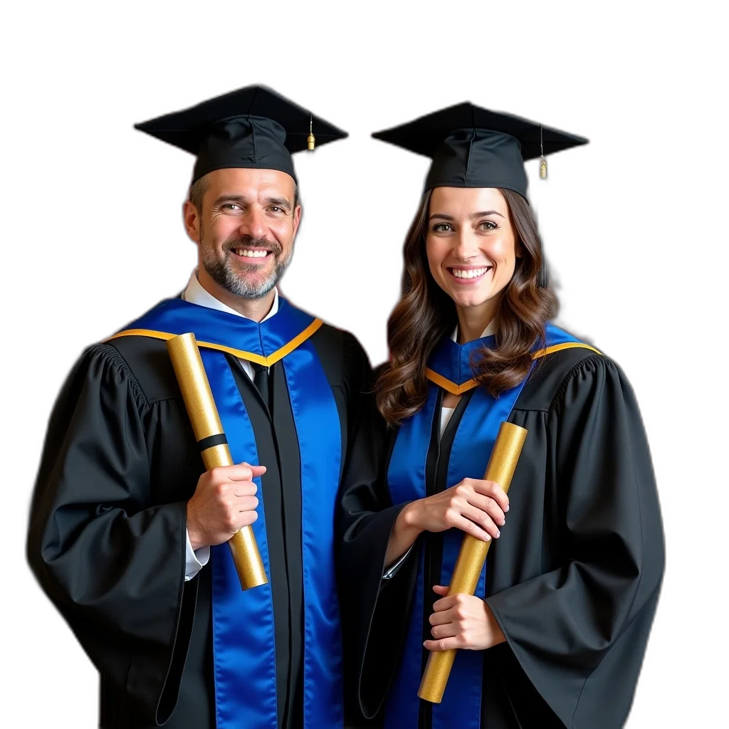 staff, man, woman, standing, side, both, wearing, academic transparent PNG cut-out