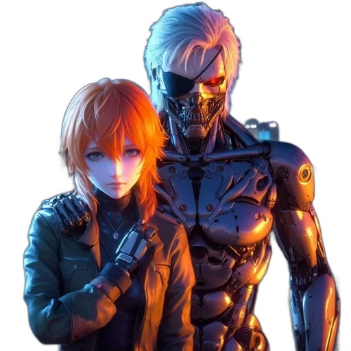 jacket, robot, concept art, cyberpunk, 3d render, comic book art, dark, blue transparent PNG cut-out