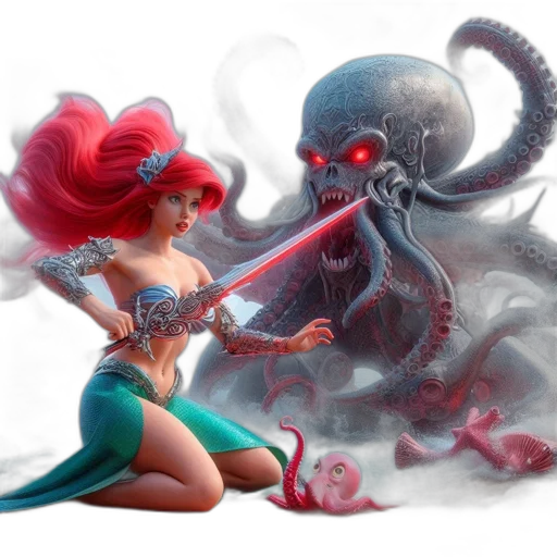 concept art, fantasy art, comic book art, 3d render, underwater, fire, woman, fiery transparent PNG cut-out