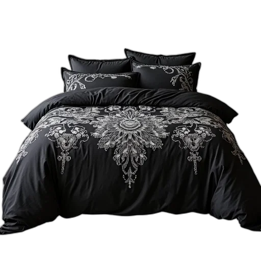 dark, monochrome, black, bedspread, white, lace, pattern, displayed transparent PNG cut-out