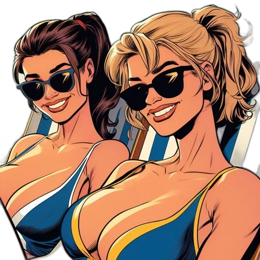 comic book art, cartoon, concept art, pixel art, two, women, swimsuits, one transparent PNG cut-out
