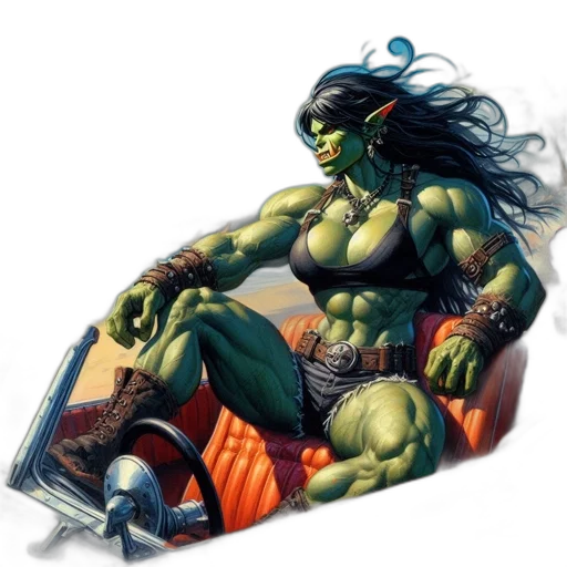 comic book art, concept art, fantasy art, green-skinned, woman, bikini, sits, convertible transparent PNG cut-out