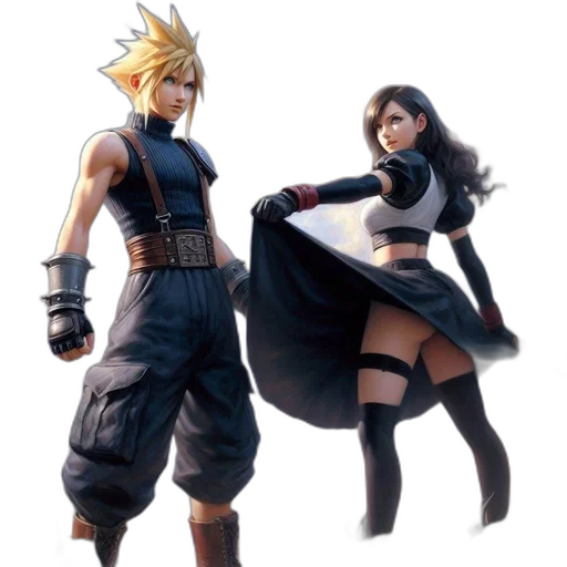 concept art, 3d render, fantasy art, comic book art, monochrome, two, anime-style, characters transparent PNG cut-out