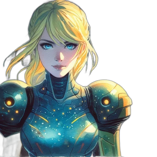 robot, concept art, comic book art, fantasy art, anime, outer space, blonde-haired, female transparent PNG cut-out