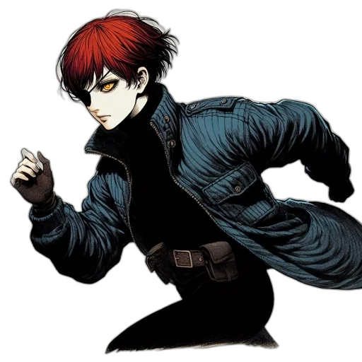 jacket, staff, weapon, comic book art, concept art, anime, cartoon, dark transparent PNG cut-out
