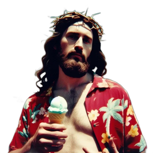 vaporwave, man, crown, thorns, long, hair, holds, ice transparent PNG cut-out