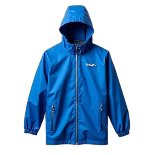jacket, blue, raincoat, hood, displayed, against, white, background transparent PNG cut-out