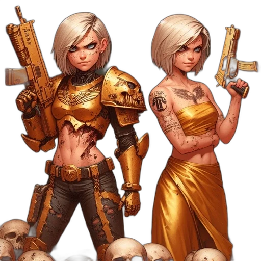 concept art, comic book art, fantasy art, cyberpunk, golden, earth tones, two, females transparent PNG cut-out