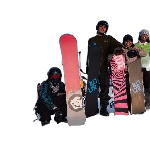 snow, group, snowboarders, pose, their, boards transparent PNG cut-out