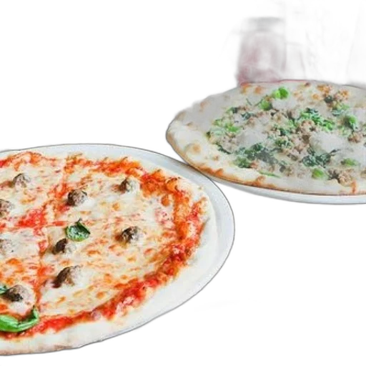 food, 3d render, photorealistic, two, pizzas, granite, countertop, one transparent PNG cut-out