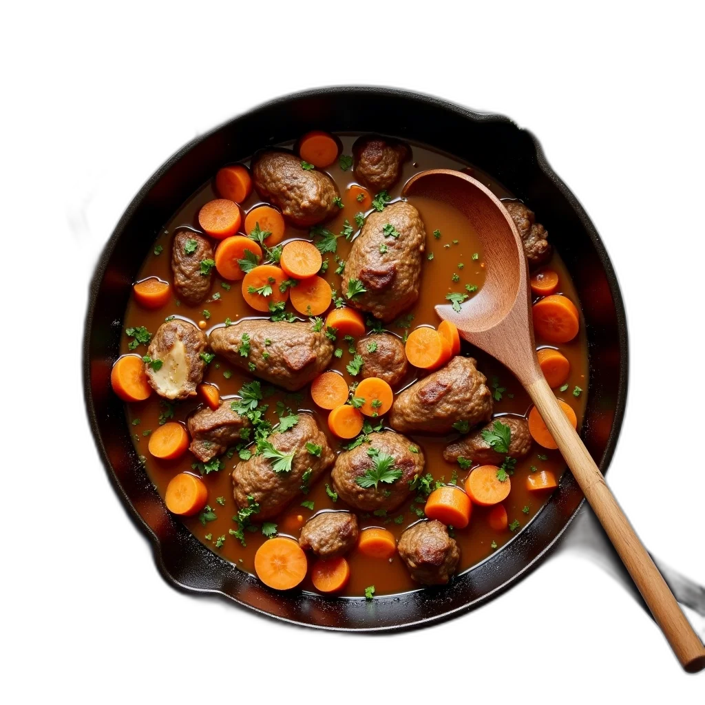 food, 3d render, photorealistic, cast, iron, skillet, filled, hearty transparent PNG cut-out