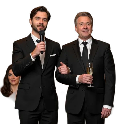 staff, man, black, suit, holding, microphone, appears, singing transparent PNG cut-out