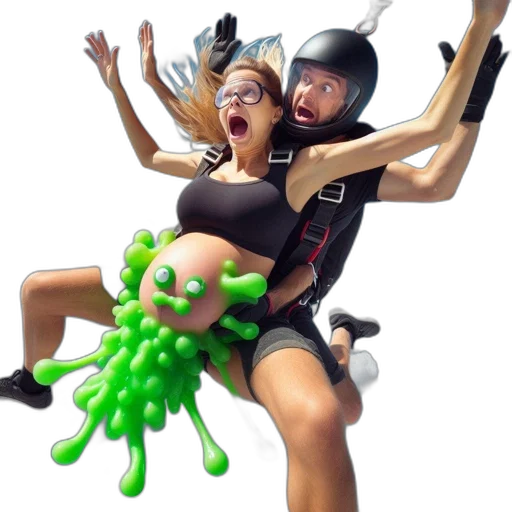 creature, 3d render, concept art, couple, skydives, while, holding, cartoonish transparent PNG cut-out