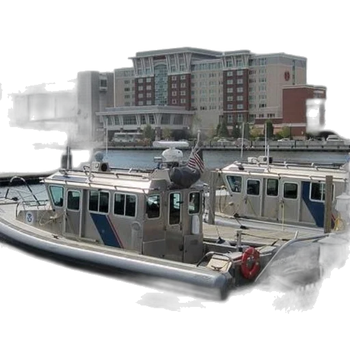 photorealistic, 3d render, concept art, watercolor, two, police, boats, docked transparent PNG cut-out