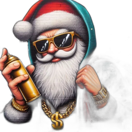 vibrant, stylized, santa, teal, jacket, sunglasses, holds, spray transparent PNG cut-out