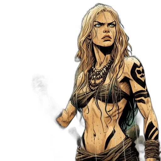comic book art, concept art, fantasy art, determined, woman, tribal, tattoos, bone transparent PNG cut-out
