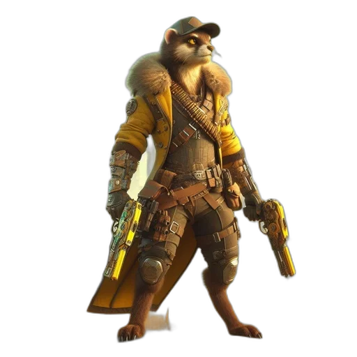 animal, staff, weapon, jacket, concept art, fantasy art, 3d render, cyberpunk transparent PNG cut-out