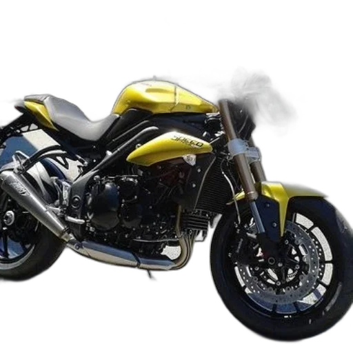 photorealistic, 3d render, concept art, yellow, triumph, motorcycle, parked, lot transparent PNG cut-out