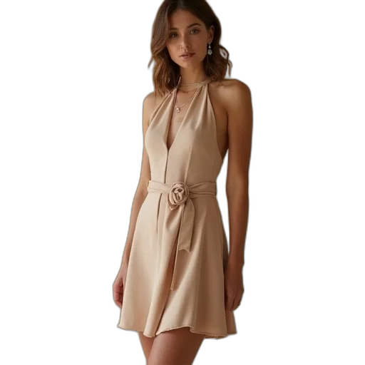 dress, earth tones, woman, wearing, beige, high, neck, short transparent PNG cut-out