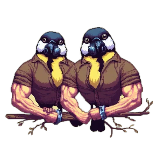 concept art, pixel art, comic book art, fantasy art, two, pixelated, birds, resembling transparent PNG cut-out