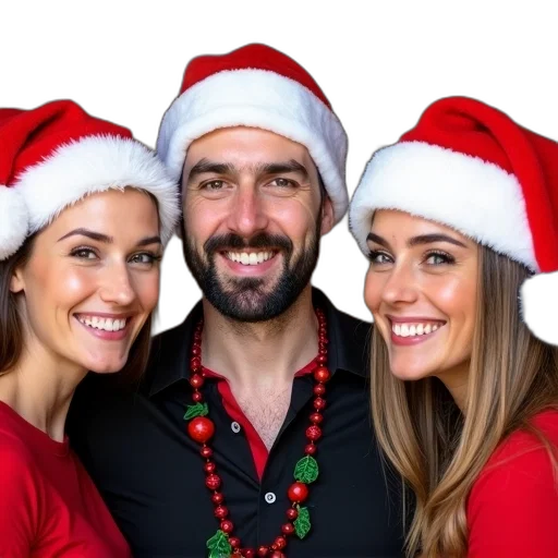 hat, face, photorealistic, three, people, wearing, santa, hats transparent PNG cut-out