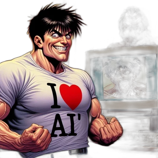 robot, comic book art, concept art, cartoon, 3d render, man, flexes, t-shirt transparent PNG cut-out