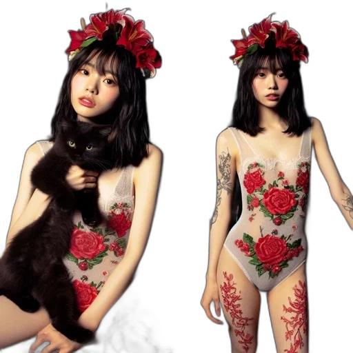 photorealistic, red, one, setting, young, woman, dons, floral transparent PNG cut-out