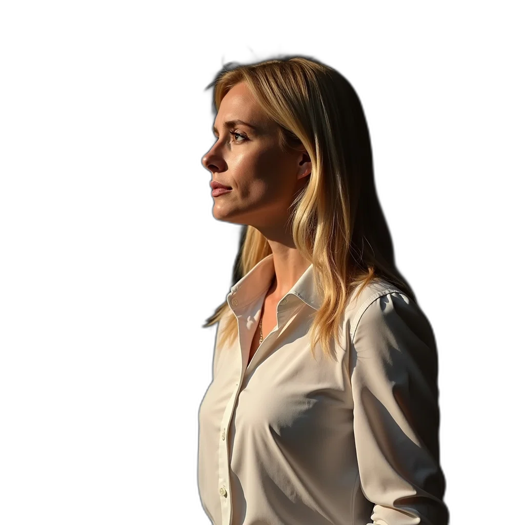 staff, face, photorealistic, woman, blonde, hair, standing, stage transparent PNG cut-out