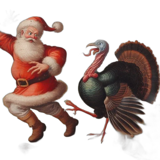 concept art, photorealistic, santa, pursued, playfully, brightly, colored, turkey transparent PNG cut-out
