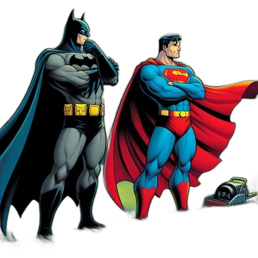 comic book art, concept art, two, iconic, superheroes, batman, superman, stand transparent PNG cut-out