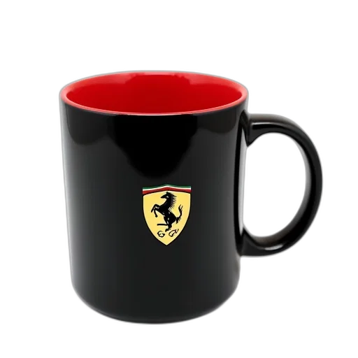 3d render, photorealistic, black, coffee, mug, red, rim, ferrari transparent PNG cut-out