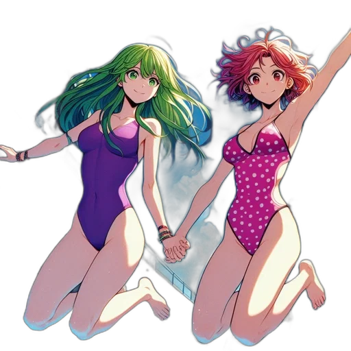 anime, vaporwave, concept art, pixel art, underwater, green, two, female transparent PNG cut-out