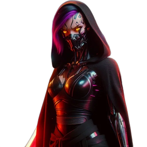 mask, jacket, dress, concept art, cyberpunk, comic book art, 3d render, dark transparent PNG cut-out