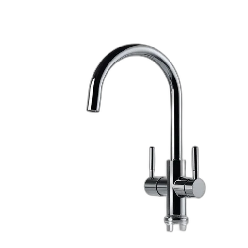 sleek, modern, chrome, faucet, curved, spout, two, handles transparent PNG cut-out