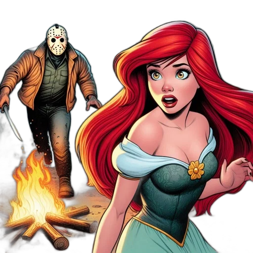 comic book art, concept art, fire, woman, red, hair, stands, near transparent PNG cut-out