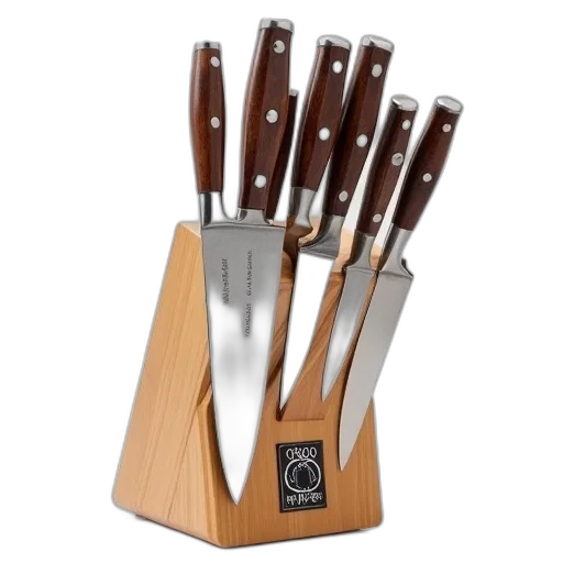 staff, set, six, stainless, steel, knives, wooden, handles transparent PNG cut-out