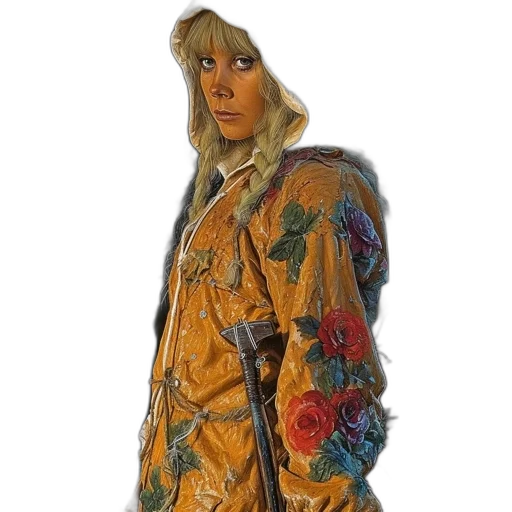 jacket, dress, staff, fantasy art, concept art, photorealistic, oil painting, earth tones transparent PNG cut-out
