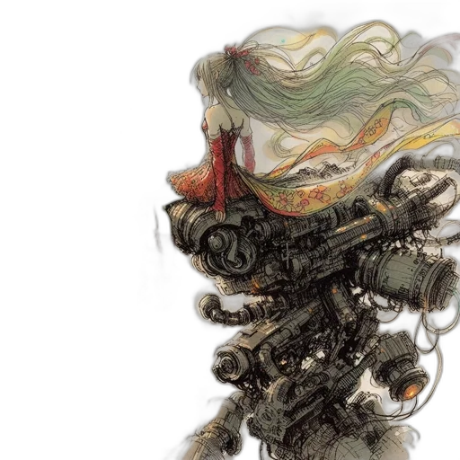 robot, hair, weapon, concept art, fantasy art, watercolor, comic book art, fantastical transparent PNG cut-out