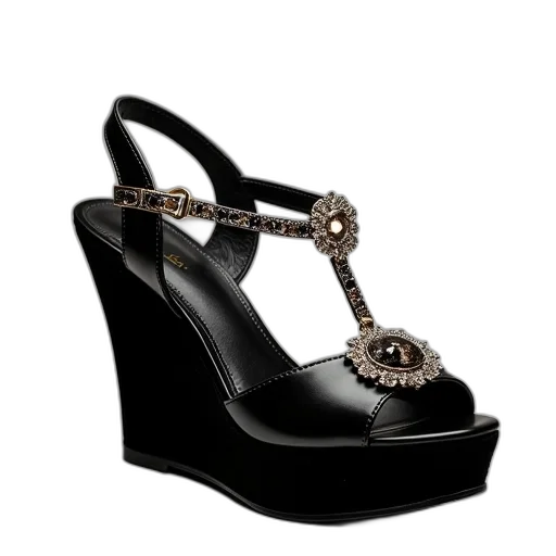 shoes, jewelry, black, wedged, jewel, sandal transparent PNG cut-out