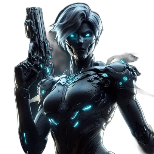 robot, weapon, concept art, cyberpunk, comic book art, fantasy art, blue, futuristic transparent PNG cut-out