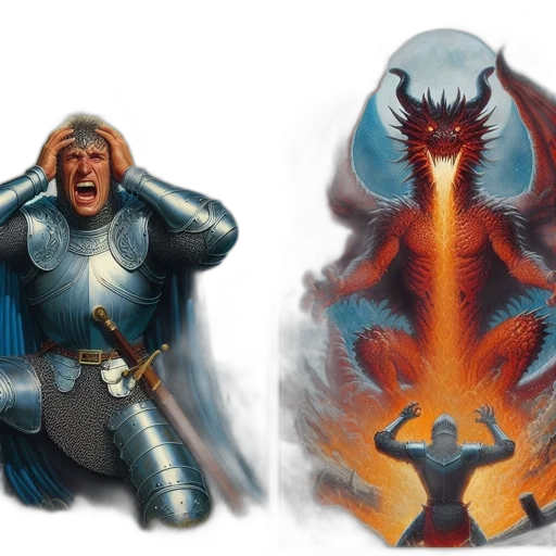 concept art, fantasy art, comic book art, fire, two, separate, scenes, one transparent PNG cut-out