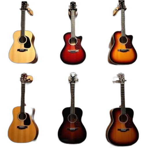3d render, collection, six, guitars, displayed, wooden, wall, arranged transparent PNG cut-out