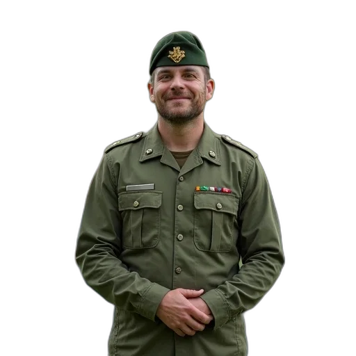 staff, jacket, hat, man, military, uniform, standing, park transparent PNG cut-out