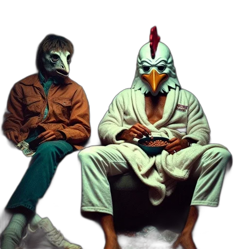 mask, jacket, concept art, pixel art, comic book art, vaporwave, two, individuals transparent PNG cut-out
