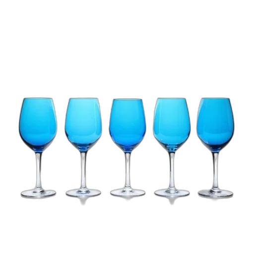 3d render, blue, row, six, wine, glasses, clear, stems transparent PNG cut-out
