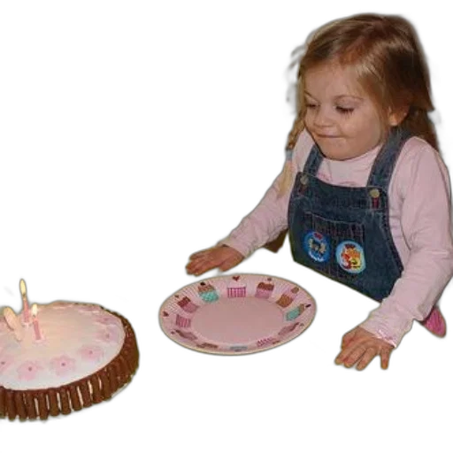 3d render, young, girl, sits, table, birthday, cake, plate transparent PNG cut-out