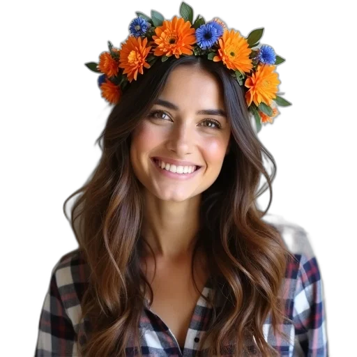 crown, hat, woman, long, wavy, hair, wearing, floral transparent PNG cut-out