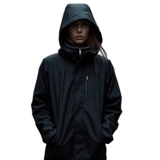 jacket, staff, face, dress, cyberpunk, dark, women, rainstorm transparent PNG cut-out