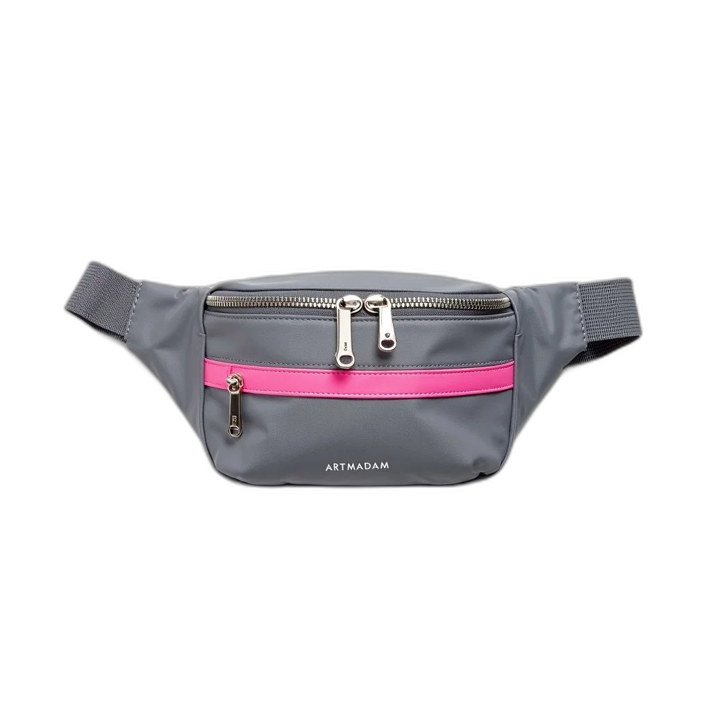 grey, fanny, pack, pink, stripe, silver, zipper, displayed transparent PNG cut-out